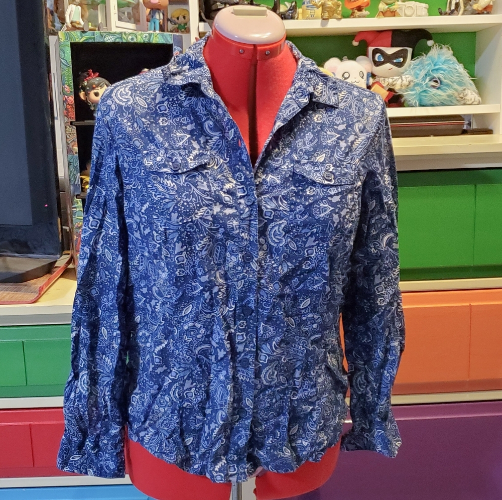 Style and Co. Blue paisley button up cotton long sleeved blouse